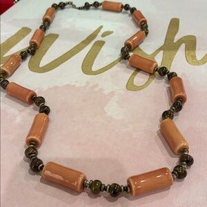 Necklace dark round like tiger eyes stone and trumpet ceramic tan beads long